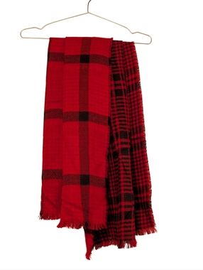 Reversible Red and Black Plaid Fringe Scarf